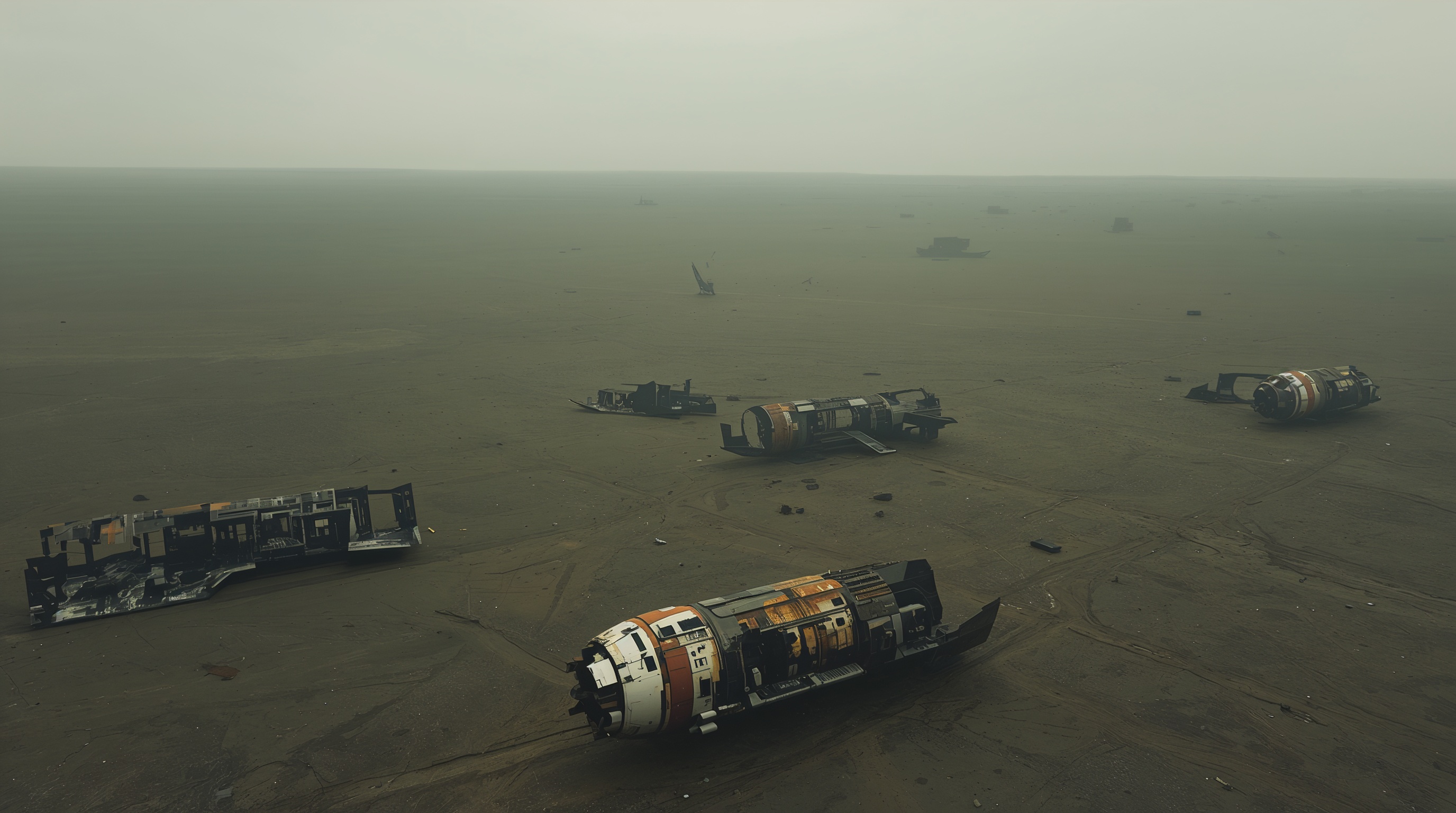 Burned hull fragments scattered across an empty plain, a broken landing pod in the lower foreground.