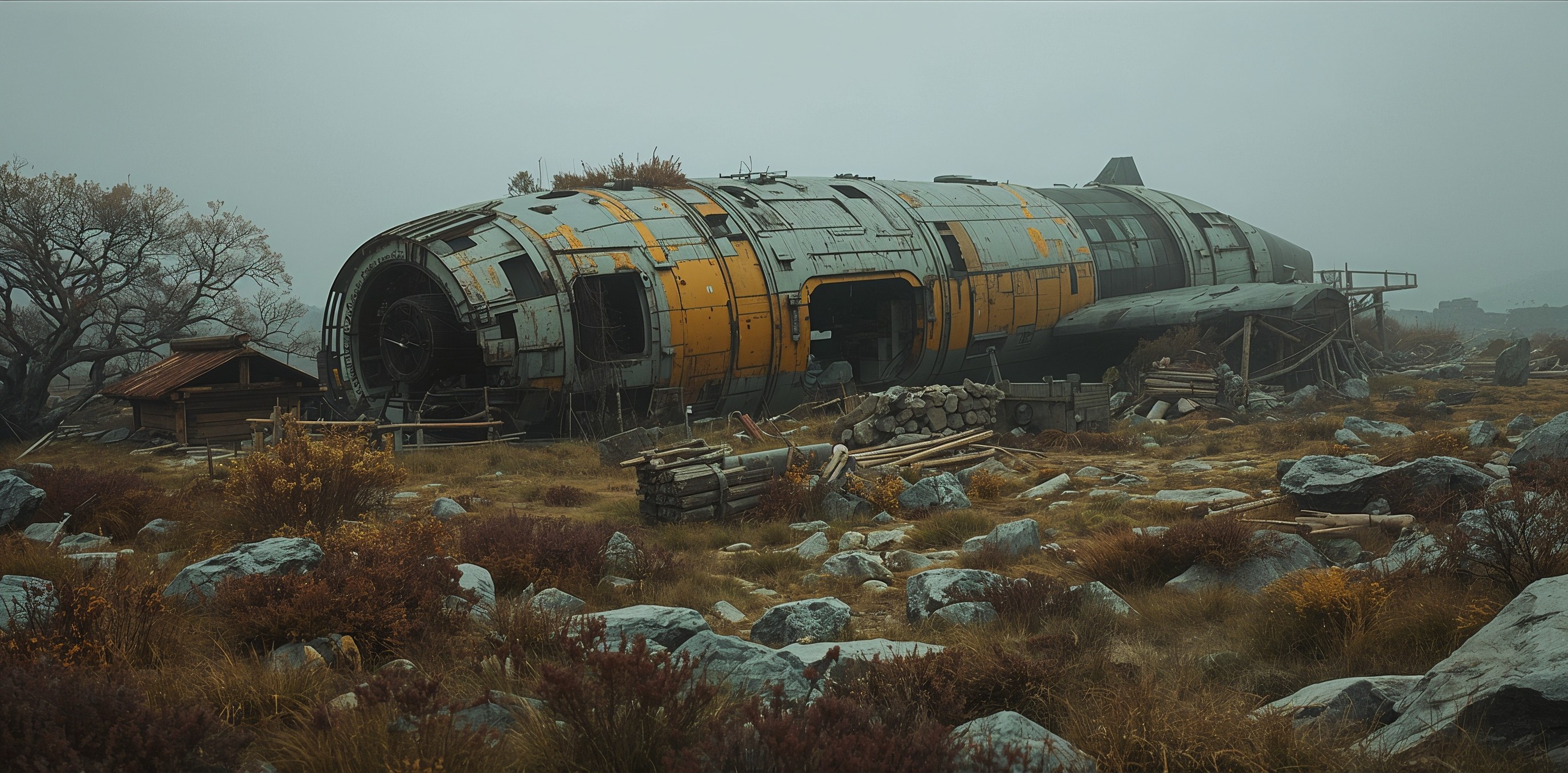 A weathered ship hull half-buried in moorland, timber shelters built against its flank under low fog.