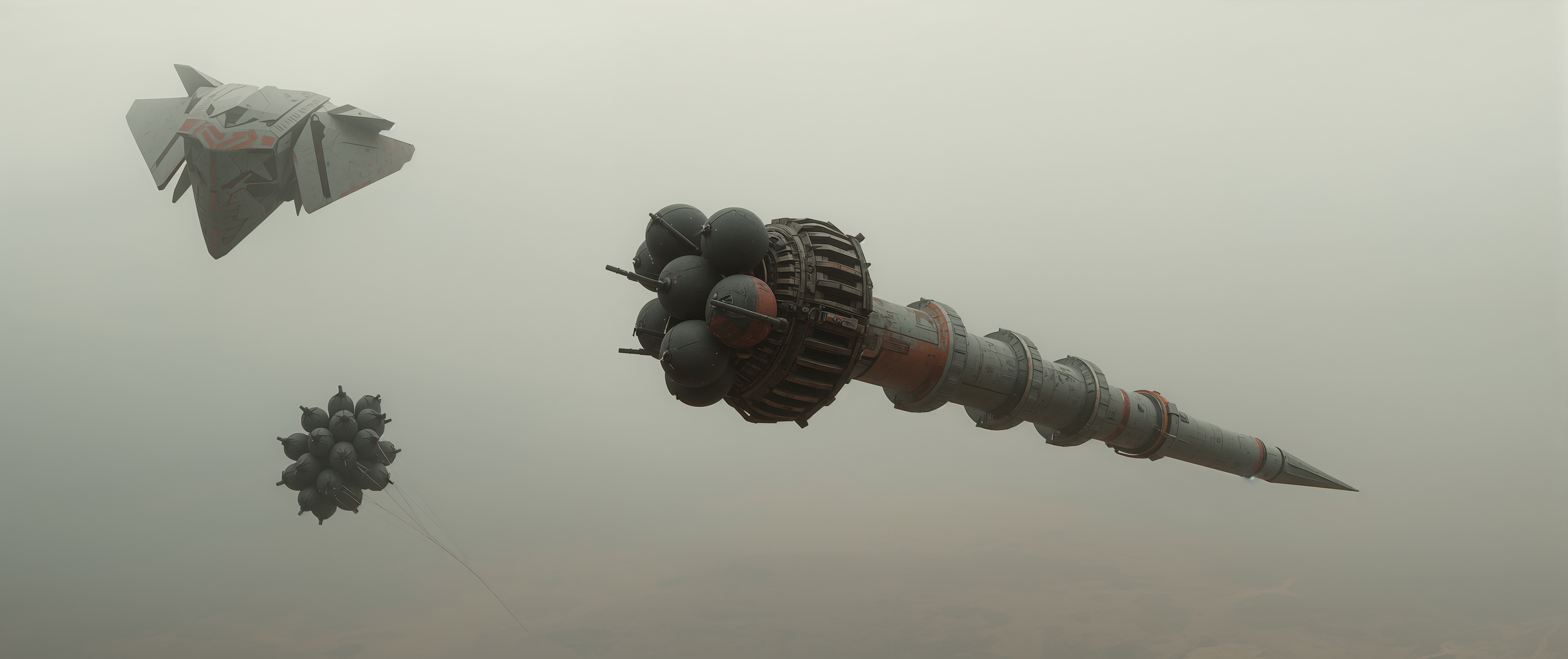 Three unlike vessels falling through overcast: a faceted wedge, a cluster of fused spheres trailing drogue lines, and an immense ribbed lance.