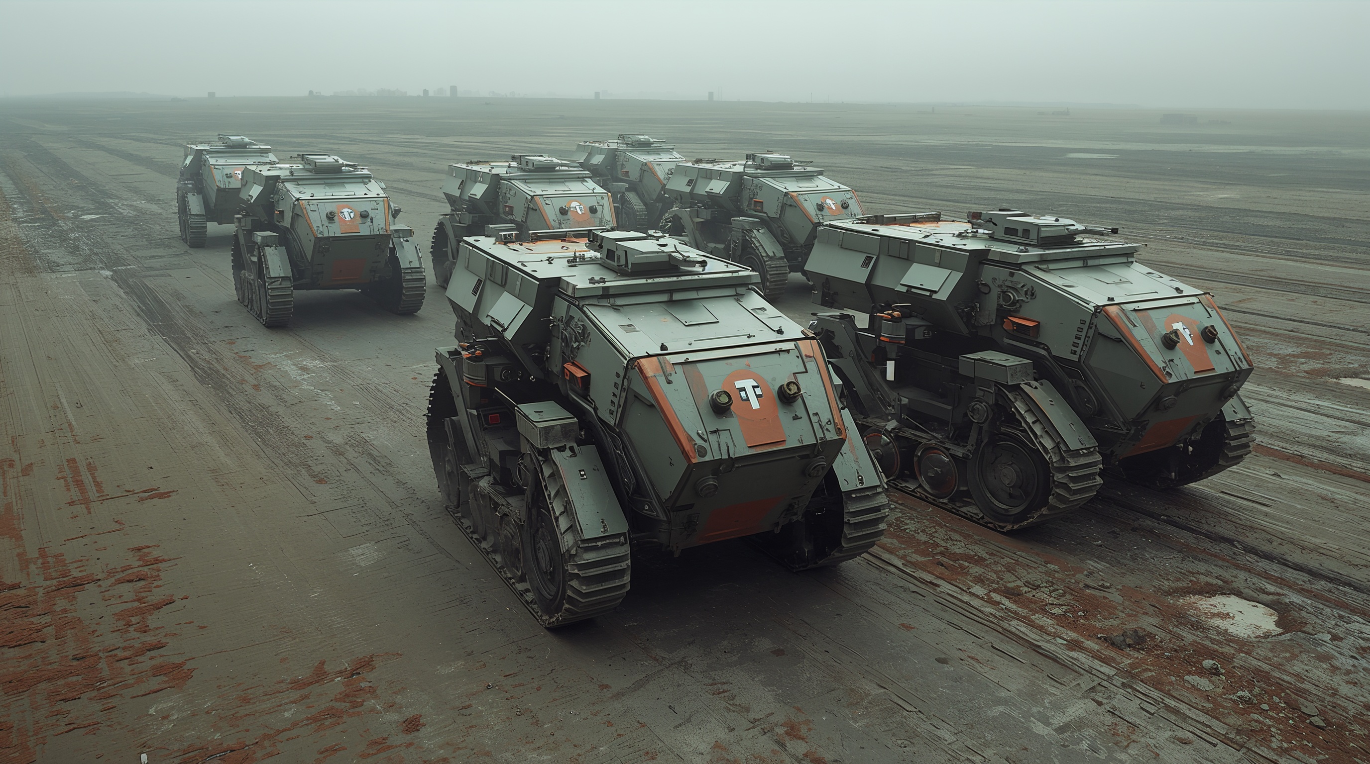 Eight identical tracked armoured carriers in formation on wet mud, hulls marked with a plain unit emblem.