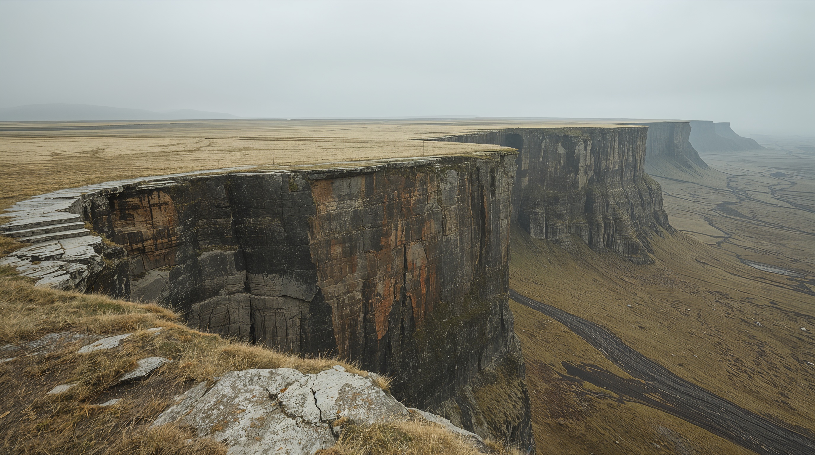 Sheer-walled, flat-topped plateaus standing over a braided valley under overcast light.