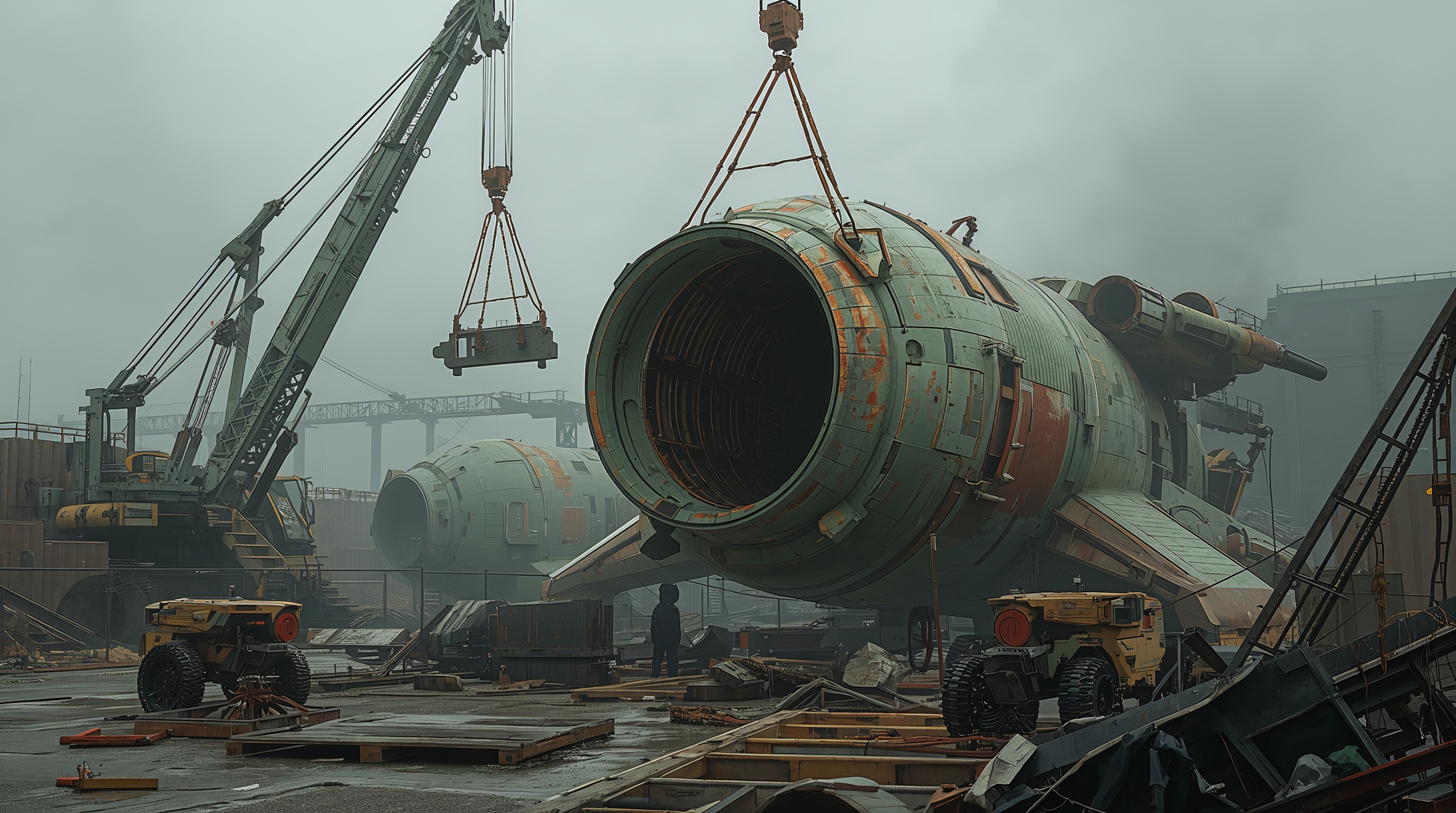 A crane suspends a verdigris-stained engine section above a cluttered salvage yard of stacked hull parts.